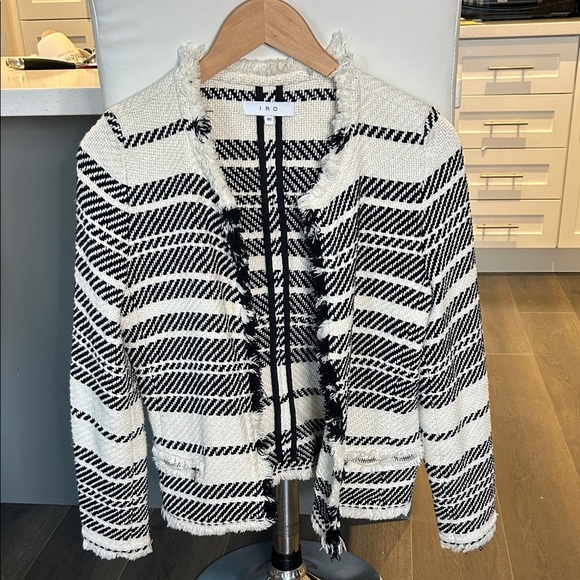 IRO Zlata Tweed Jacket Open Front Frayed Black Cream Stripes  EU 40 US 8 - Picture 5 of 17